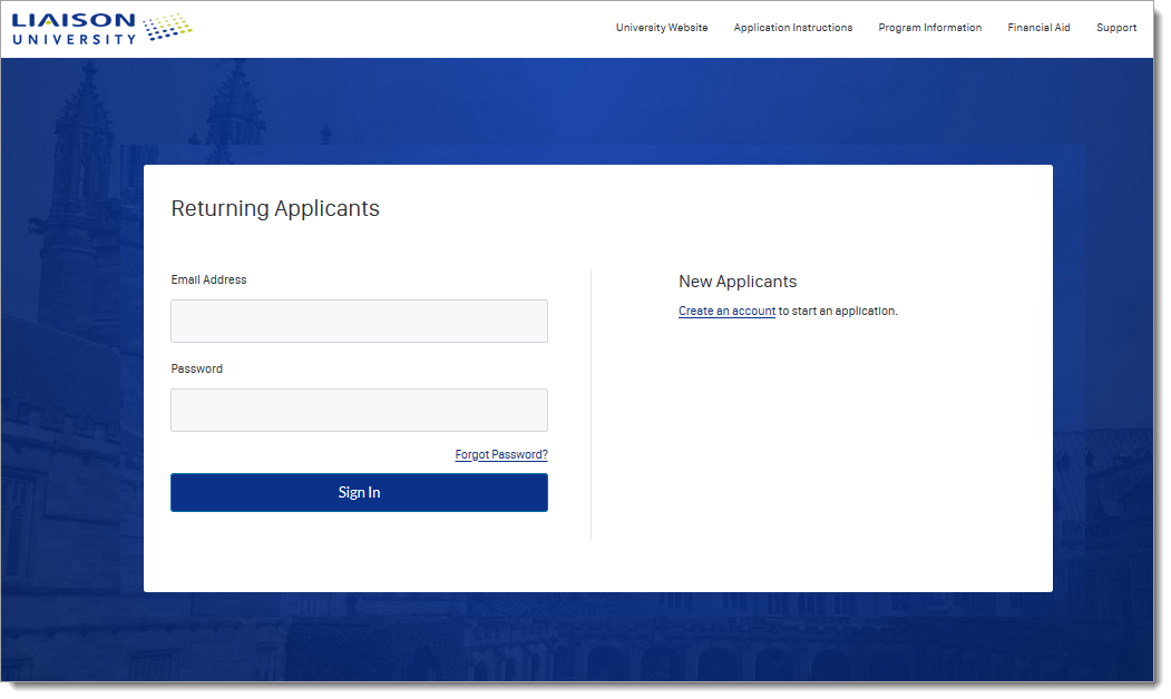 Demo login page for the Applicant Portal