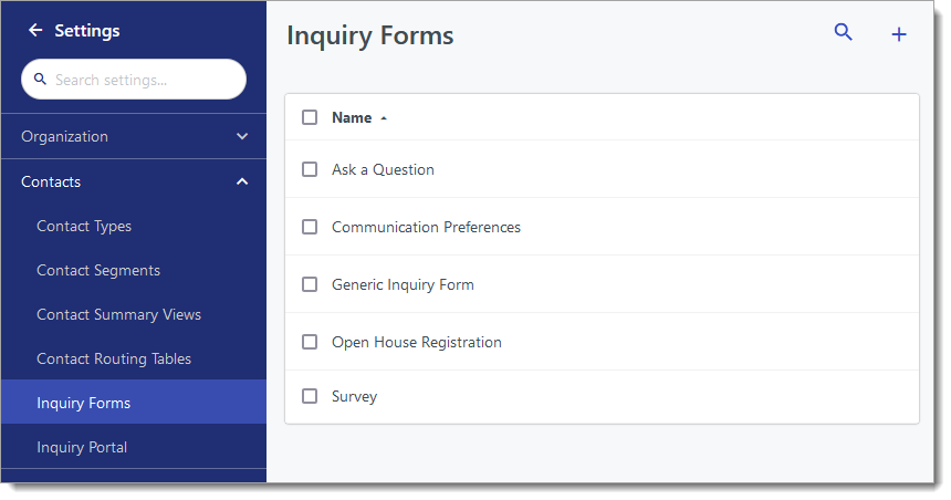 Access the Inquiry Forms page from the Settings Menu