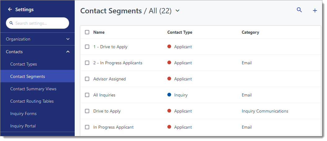 Contact Segments page