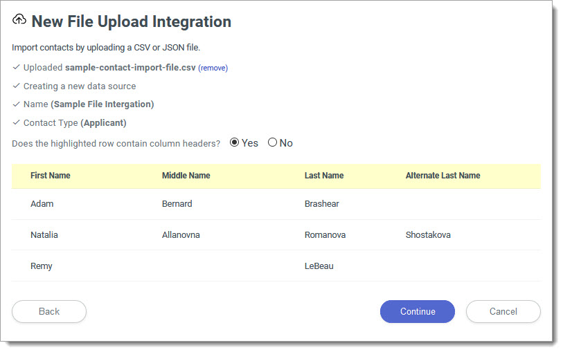 Configuring a file upload integration with column headers