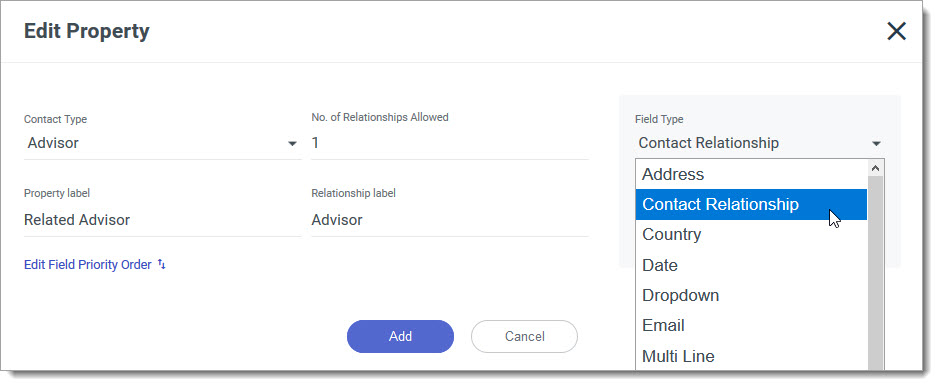 Adding a relationship field to a Contact Property