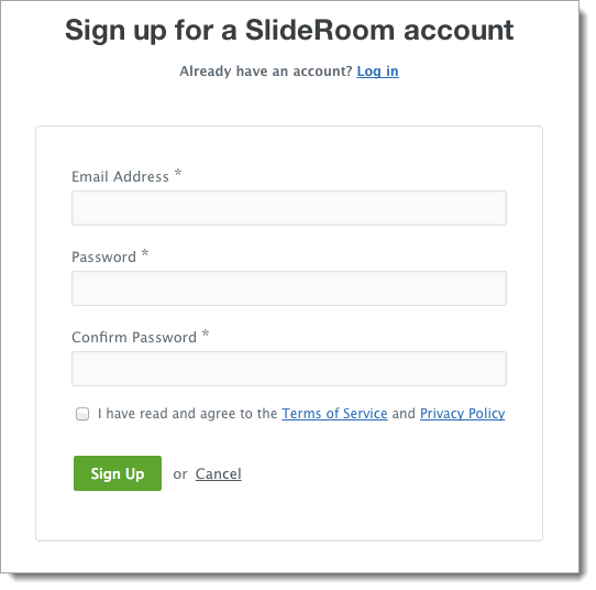 Prompt to enter your information to create your SlideRoom account
