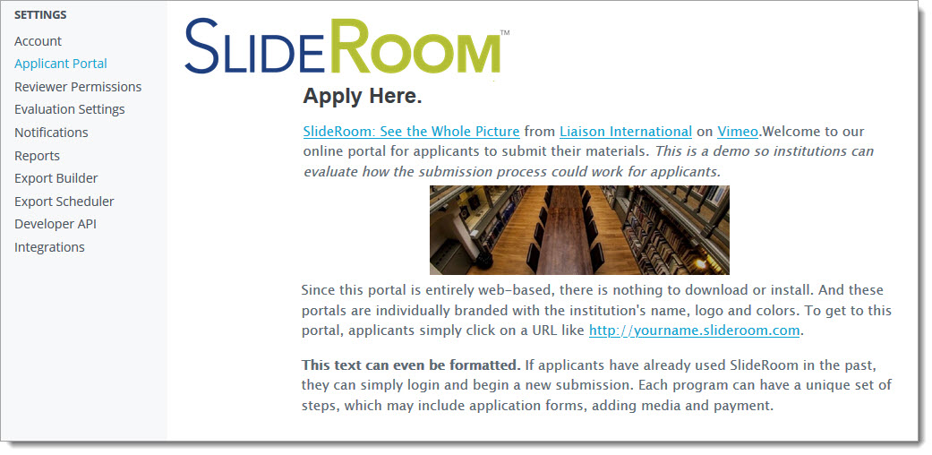SlideRoom application portal with embedded image in the middle of the application instructions