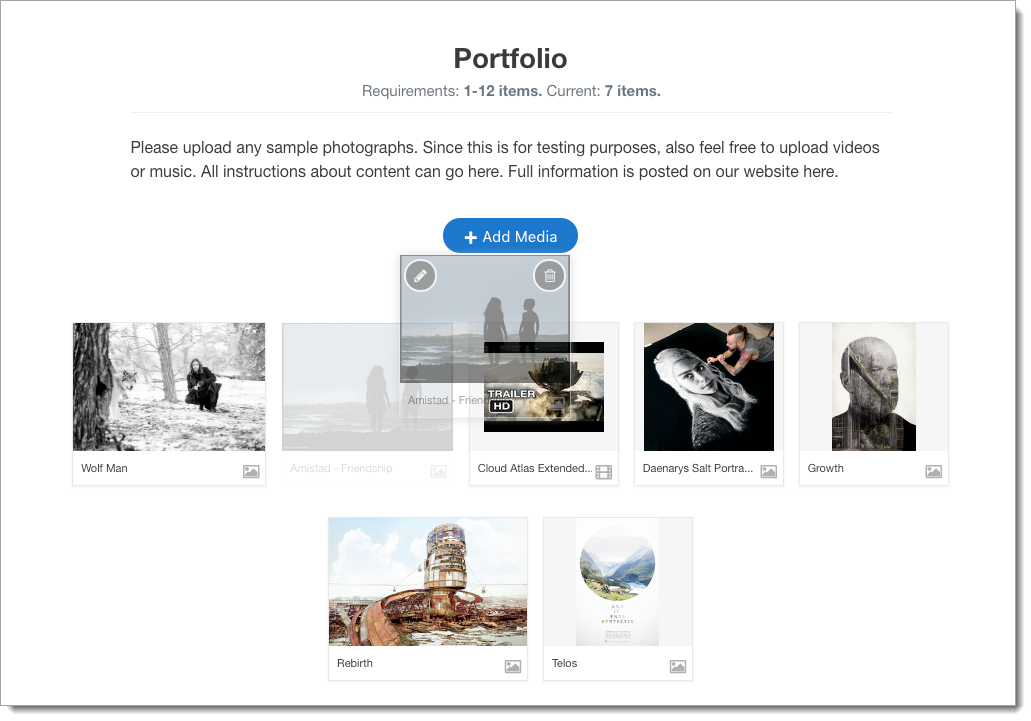 Rearrange the order of the photos in your portfolio by dragging and dropping them on the page