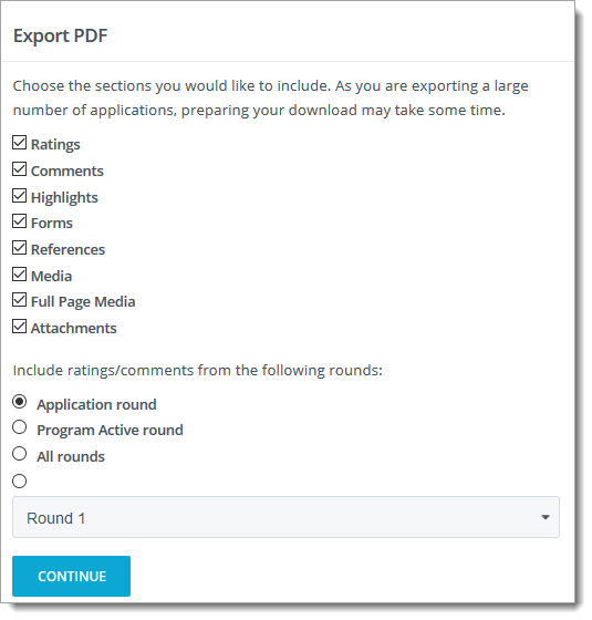 PDF section options for the export