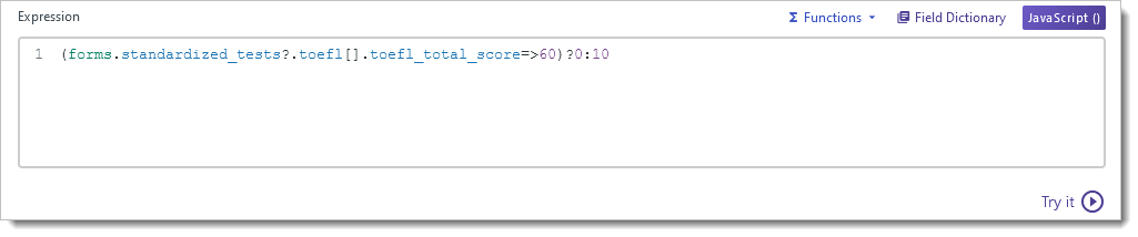 Building a Calculated Property with a JavaScript expression using TOEFL scores