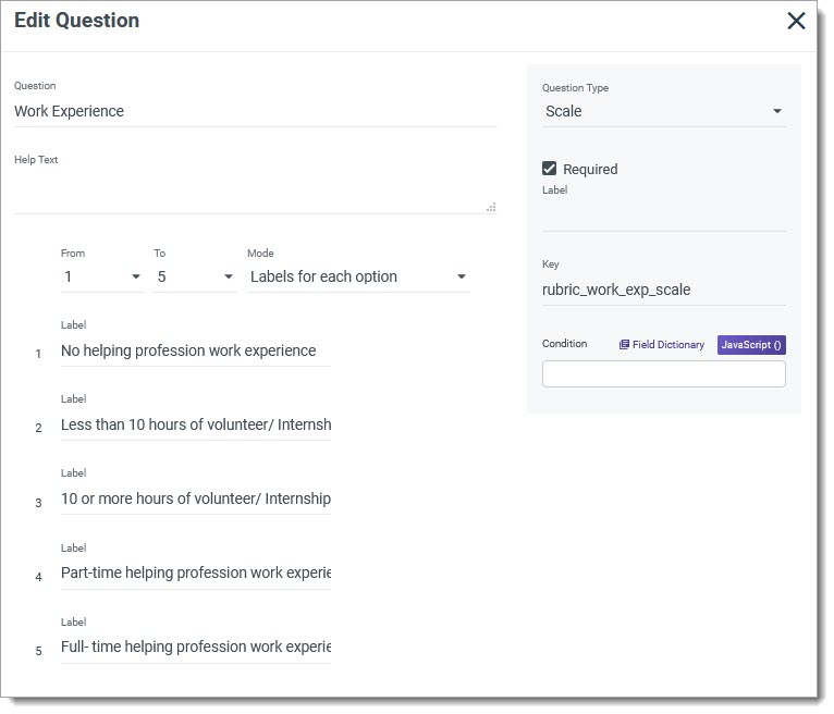 A sample evaluation question regarding Work Experience