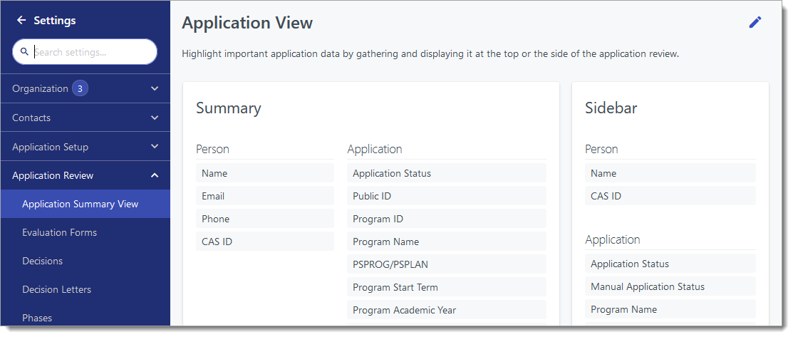 Application Summary view settings