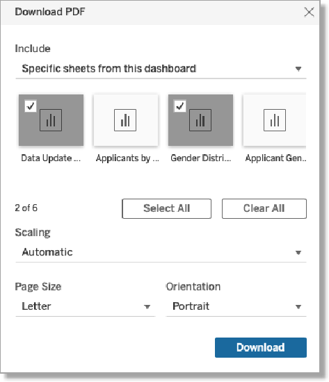 The Download PDF dialog box with the multiple sheets selected for output