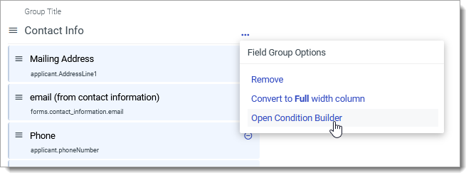 Accessing more options from an Application Summary group