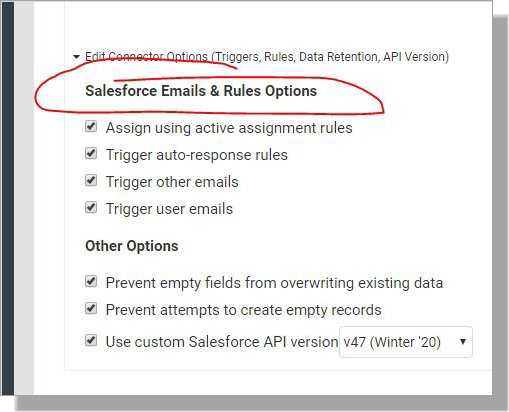 Salesforce Emails and Rules Options screen