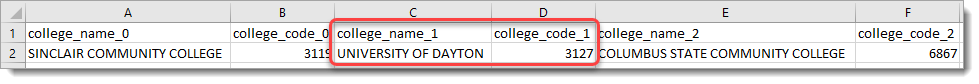 College name data in Excel with college name and college code highlighted
