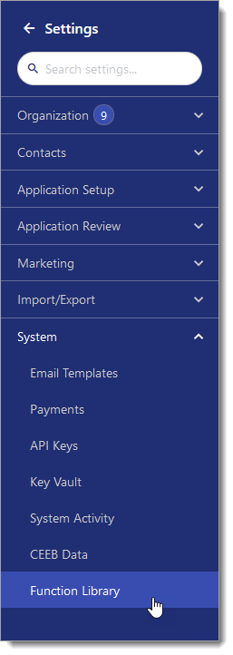 Function Library option on the Settings Menu