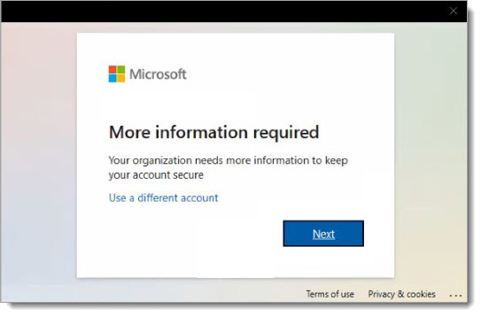 Microsoft two-factor authentication window