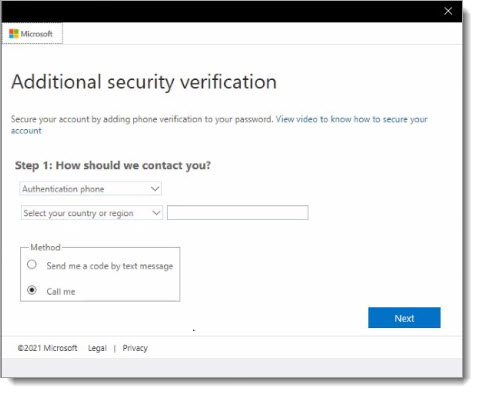 Microsoft two-factor authentication menu