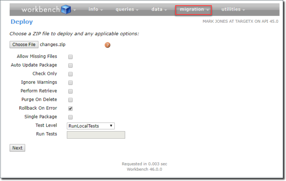 Workbench deploy screen