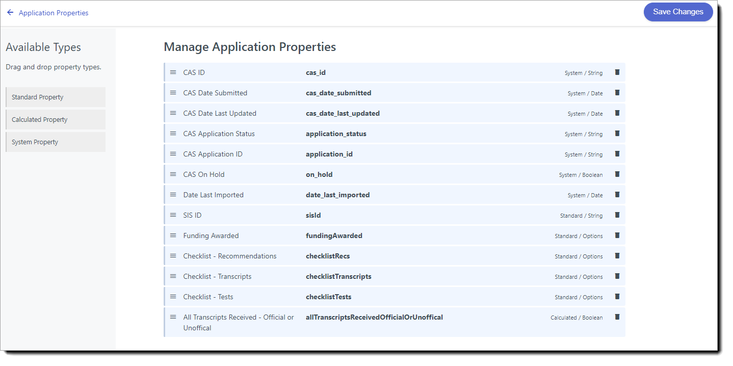 Manage Application Properties page