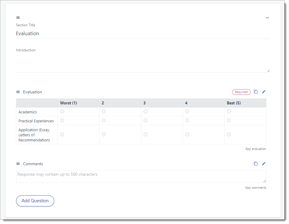 Evaluation section of preconfigured Evaluation Form