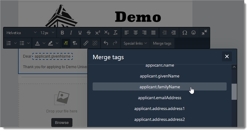 Adding merge tags to an email
