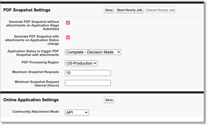 Online Application settings screen