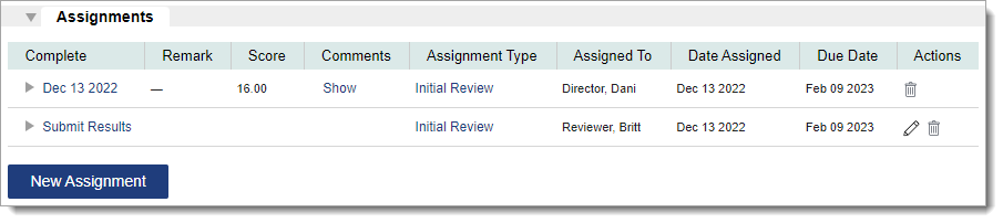 A complete and incomplete assignment in the Assignments panel