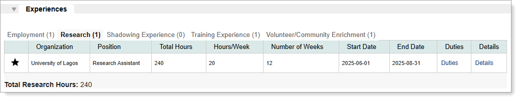 Multiple tabs for experience types and details