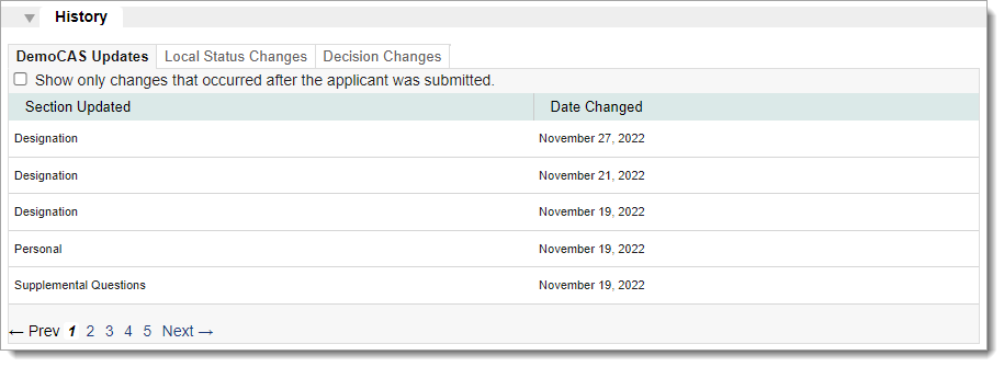 List of applicant updates and date changed