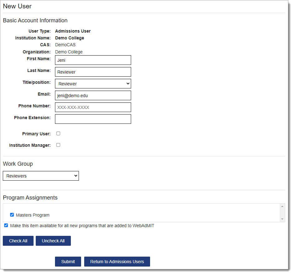 Creating a new user account and selecting Work Groups and programs