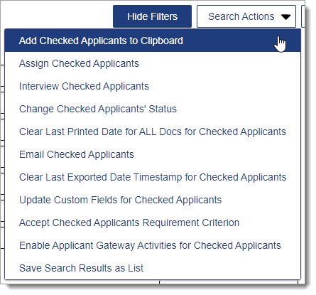 List of search actions that can be applied to applicants