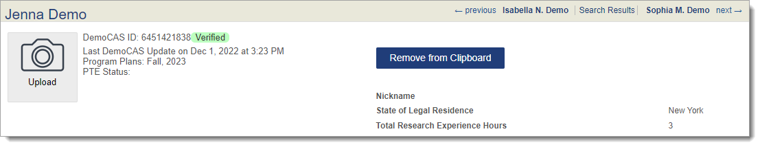 Applicant Header fields listed on the Applicant Details page