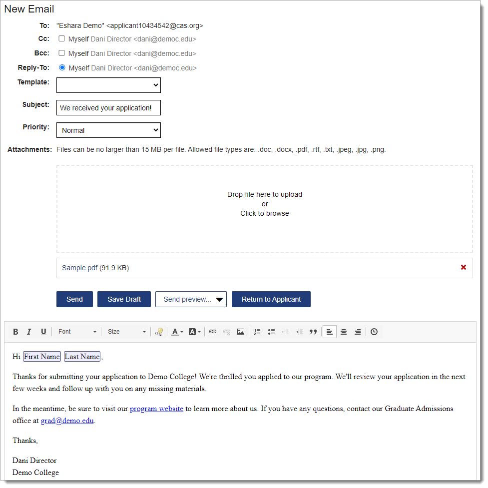 Format an application received email template to one applicant