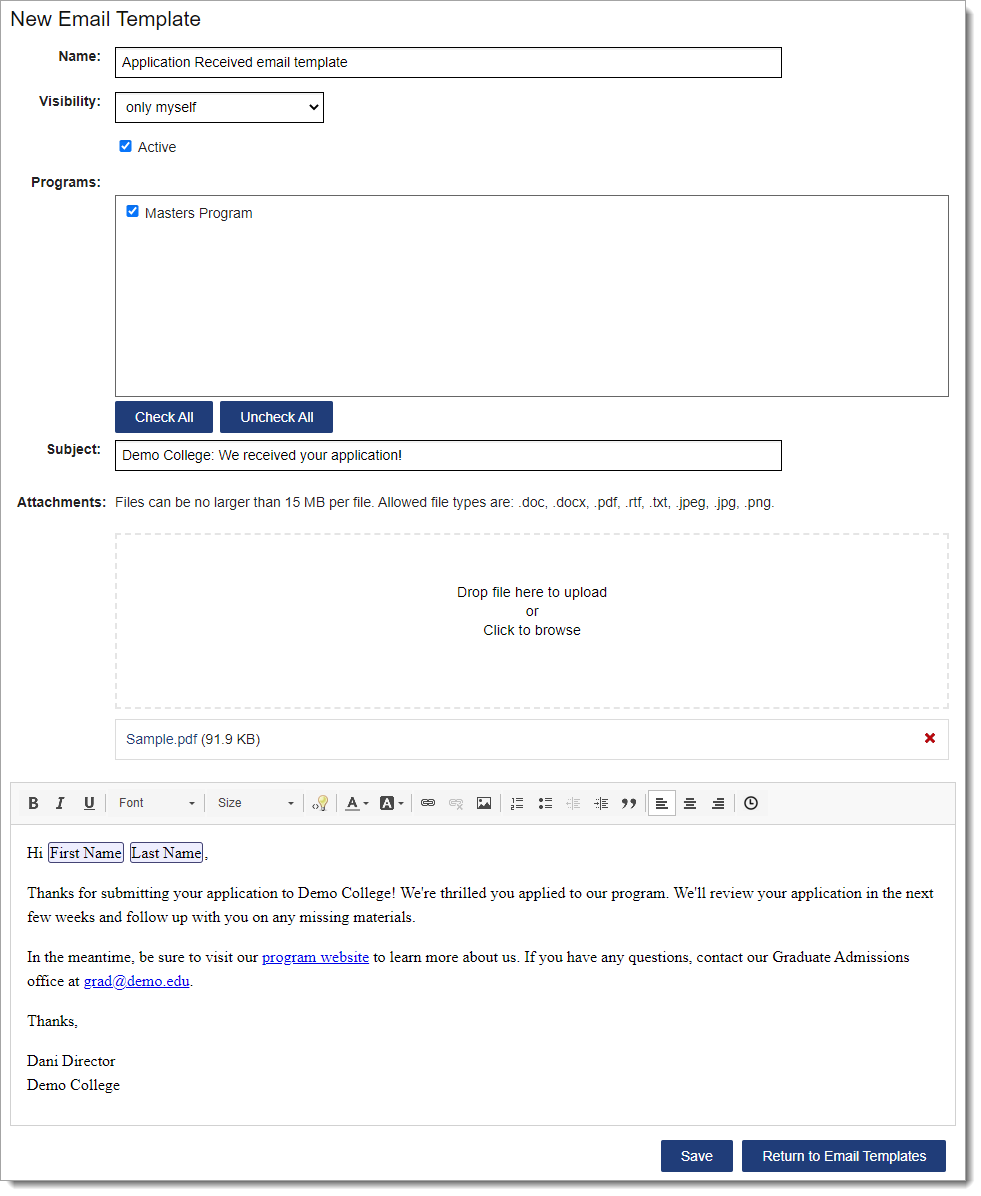 Formatting an application received email template