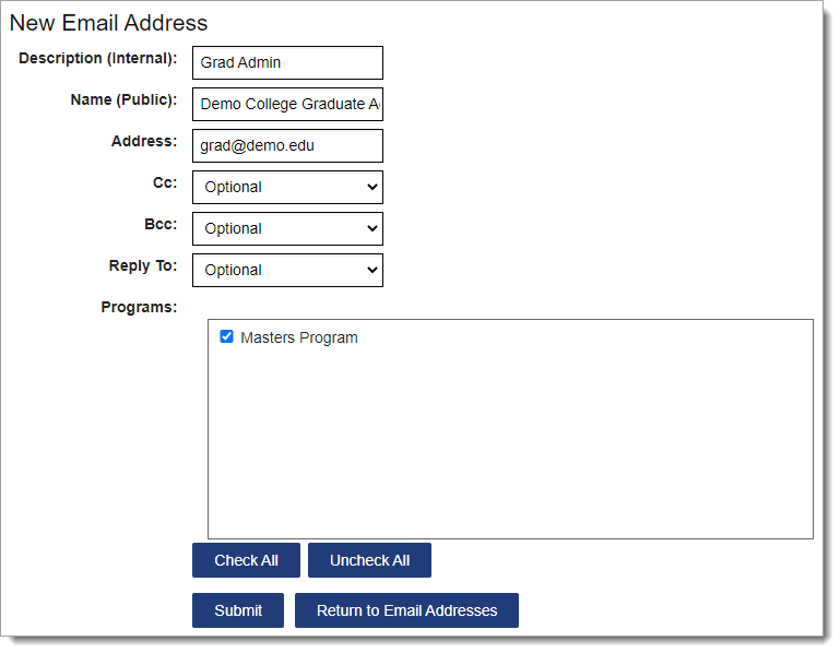 New email address template to add a generic graduate admissions main email address