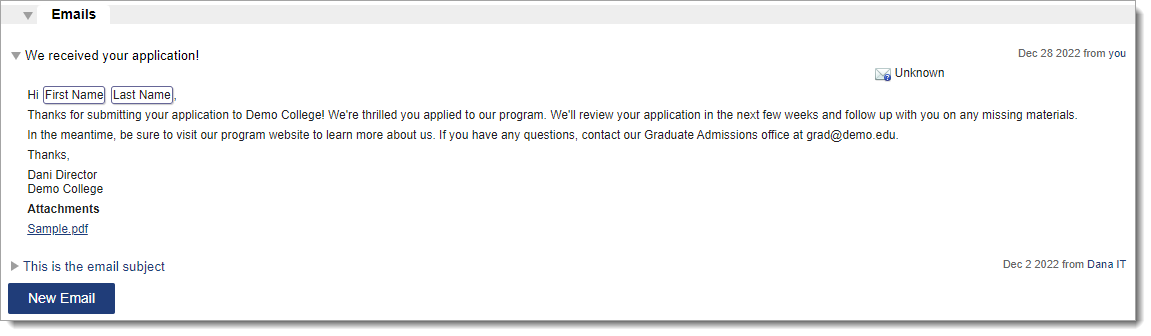 Copy of application received email sent to applicant under the Emails panel in WebAdMIT