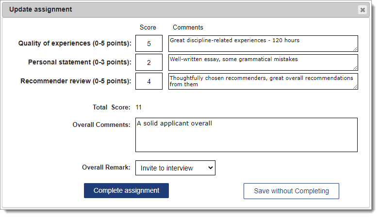 Completed Assignment template with scores, comments, and remarks entered