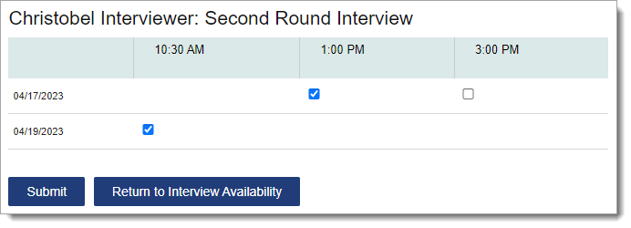Interviewer Availability user with two dates selected and one date unselected