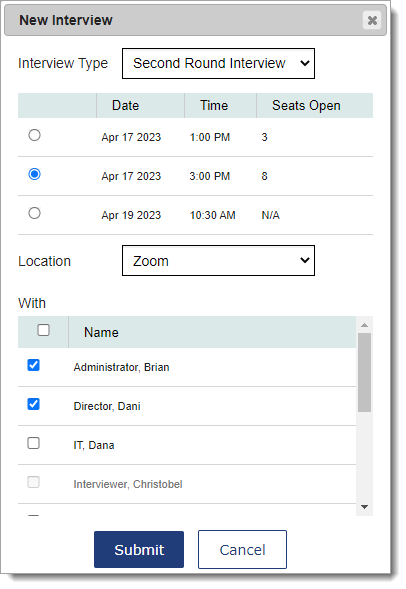 Individual Interview assigned to multiple users with a date, time, and location