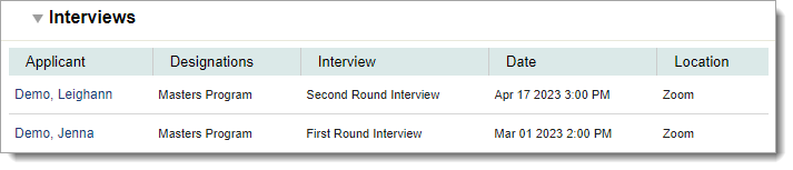 Interviews panel from Dashboard with multiple applicants listed