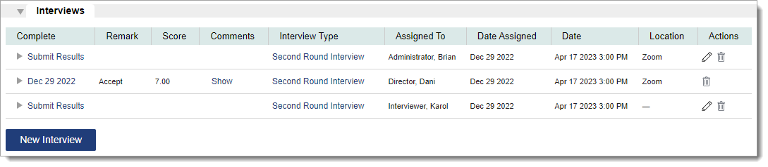 Applicant's Interviews panel with one completed and two incomplete interviews