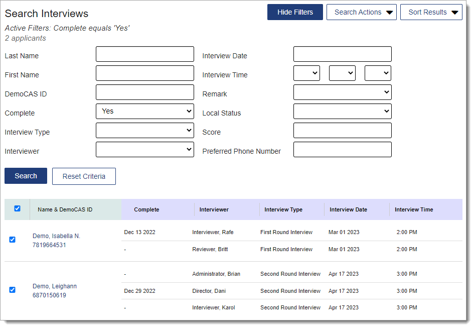 Search Interviews page with completed interviews as a filter