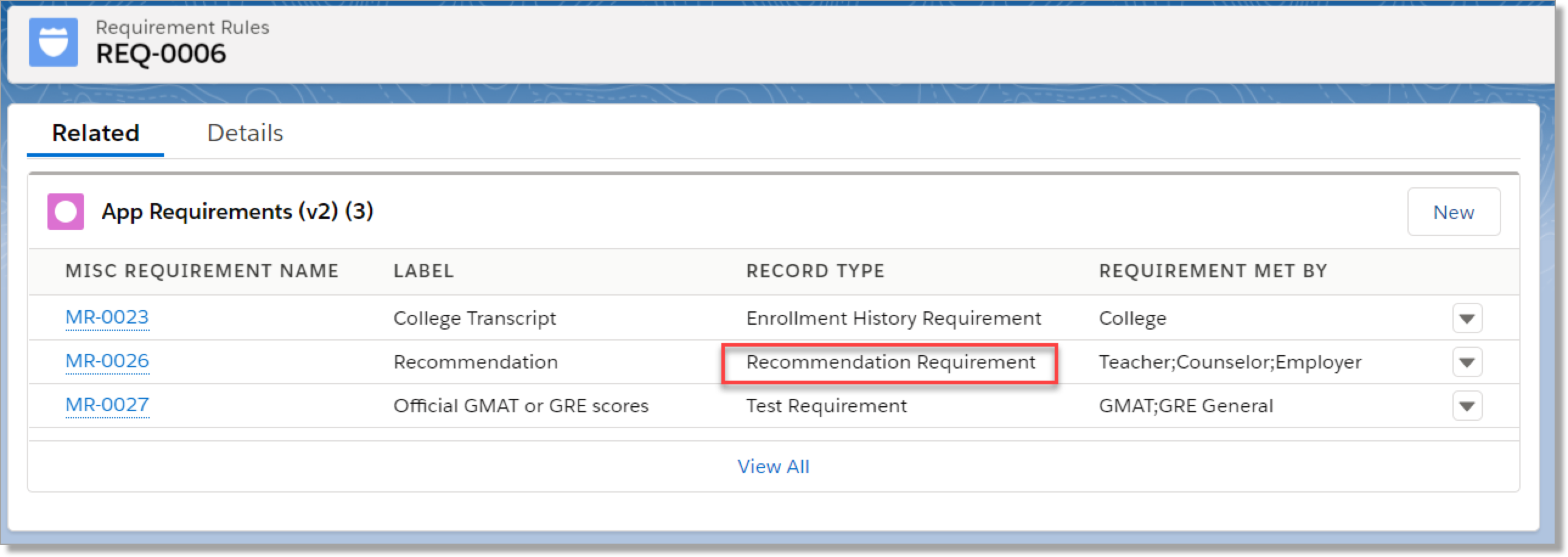 Requirement Rule record type
