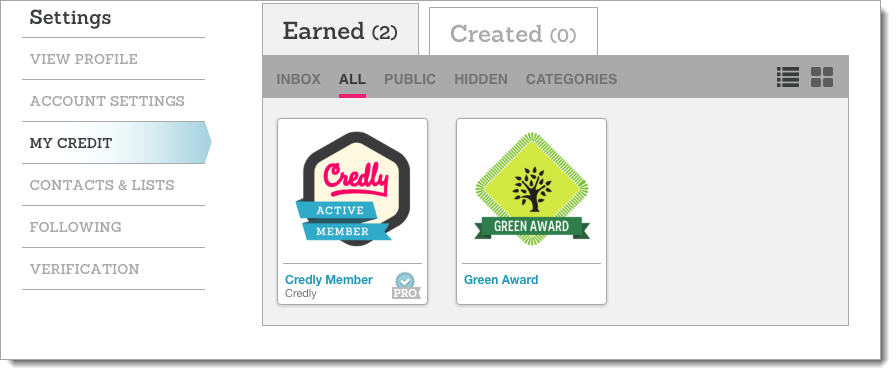 Credly badges are displayed and clickable