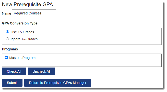 Prerequisite GPA category for required courses