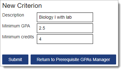 Prerequisite GPA criterion for tracking a Biology I with lab course, with a minimum GPA and credits