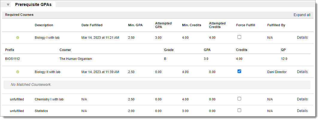 Prerequisite GPAs panel with fulfilled and unfulfilled criteria and matched course information