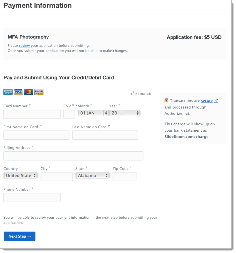 Payment page of the application to enter credit or debit card information