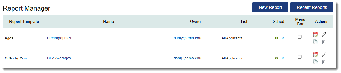 Report Manager page with management functionality, including editing and deleting