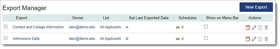 Export Manager page with management functionality, including editing and deleting
