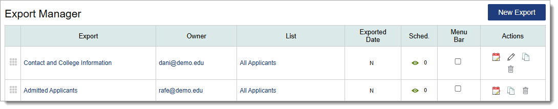 Export Manager page with management functionality, including editing and deleting