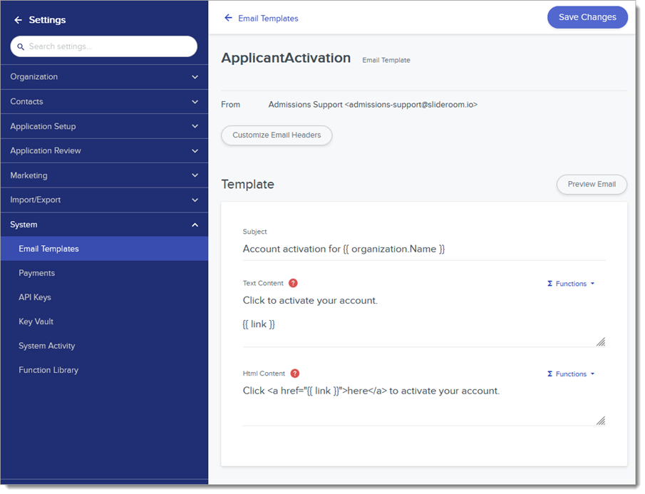 Editing the ApplicantActivation email template from the Settings Menu